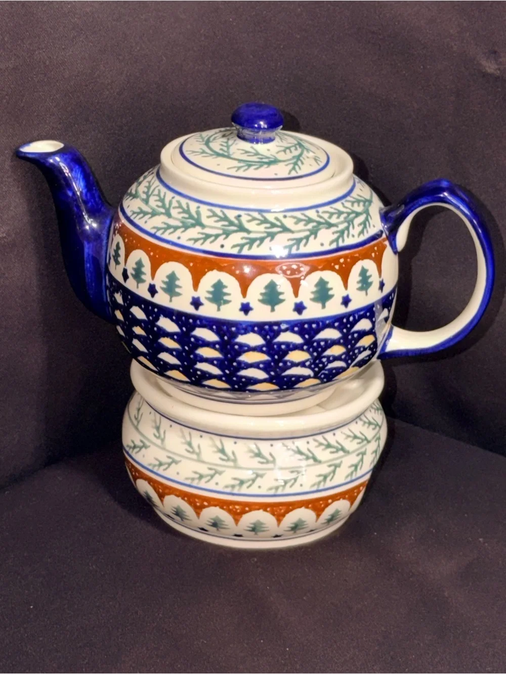 Blue and White Ceramic Teapot with Green and Brown Pattern